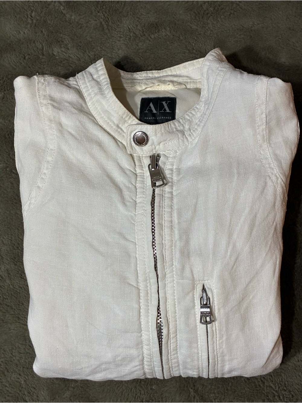 A|X Armani Exchange White Linen Zip Front Jacket